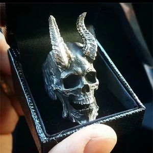 Large Gothic Devil Satan Demon Ram Horn Skull Silver Biker Ring